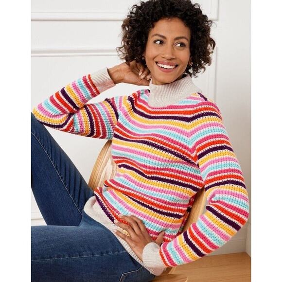 Talbots Mockneck Sweater Women L Happy Stripe Classic Cotton Blend Preppy Fun - Picture 3 of 15